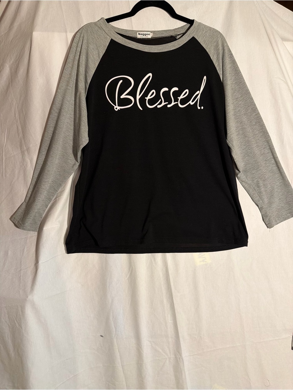 #346 Women’s  "Blessed" Raglan Tee - Black with Gray Sleeves